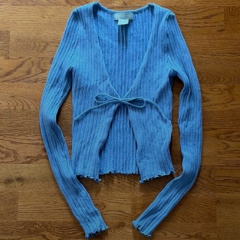 Sky & Sparrow Cardigan Sweater Women Knit Open Blue Tie Front Pointelle Ribbed
